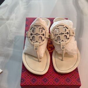 Tory Burch White Leather Logo Thong Sandals
